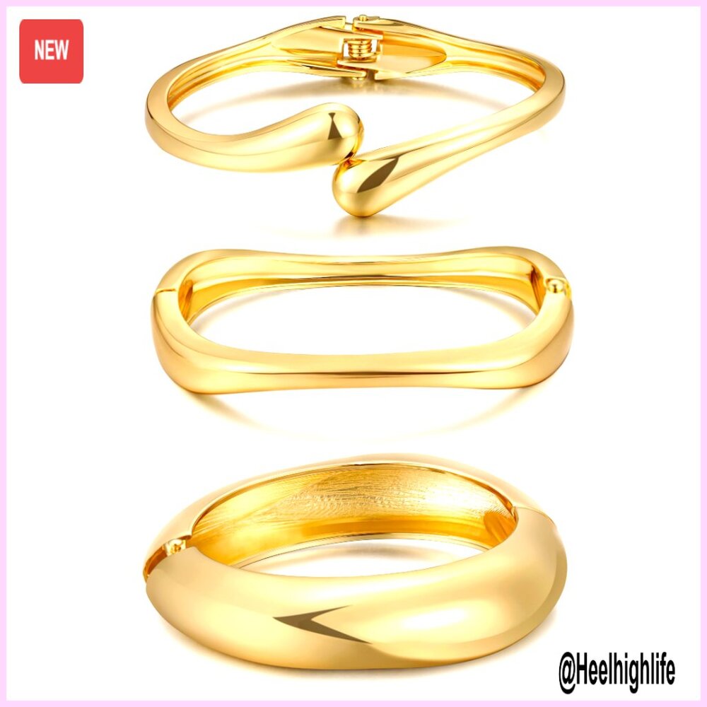 Chunky Gold Plated Bangle Bracelets Stack Set, St… - image 1